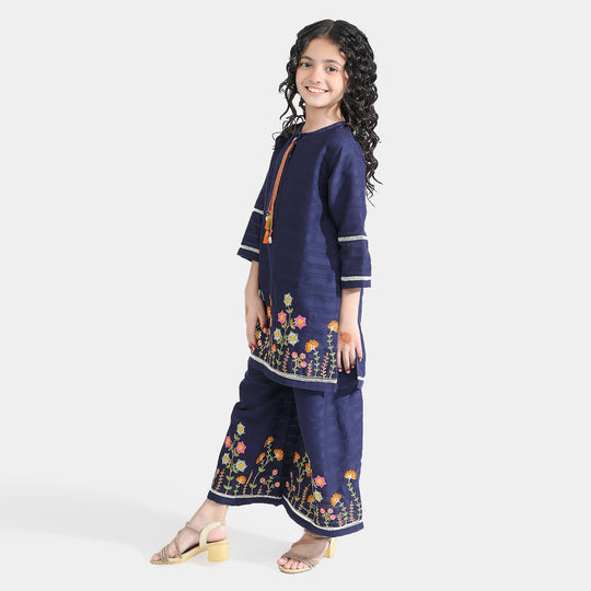 Girls Cotton Emb 2Pcs Garden-Navy Blue