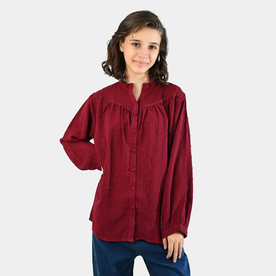 Teens Girls Poly Cotton Maroon Motif Casual Top-MAROON