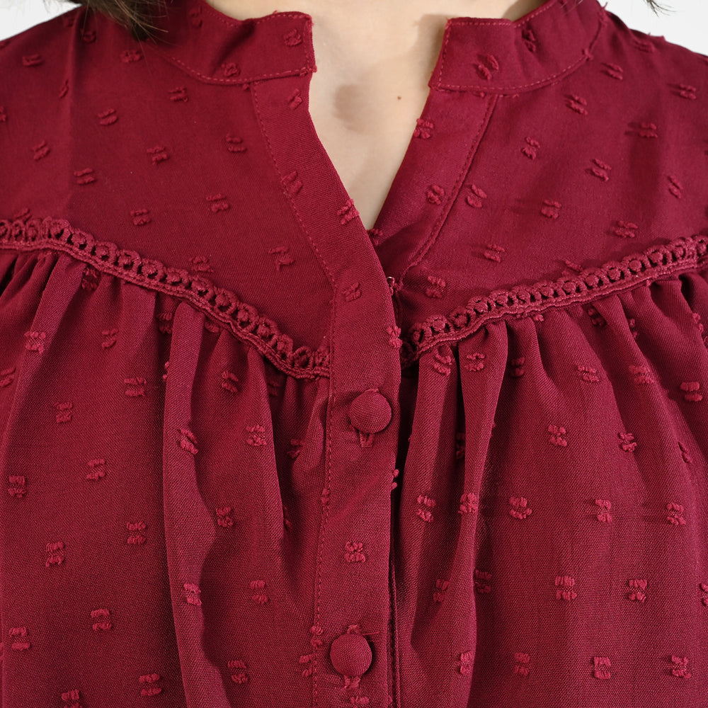 Teens Girls Poly Cotton Maroon Motif Casual Top-MAROON