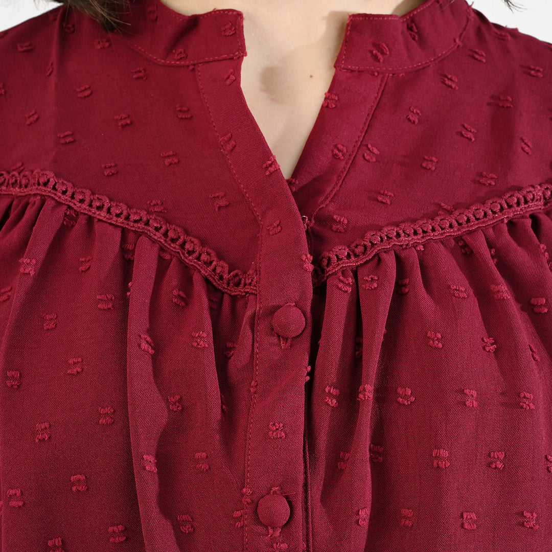 Teens Girls Poly Cotton Maroon Motif Casual Top-MAROON