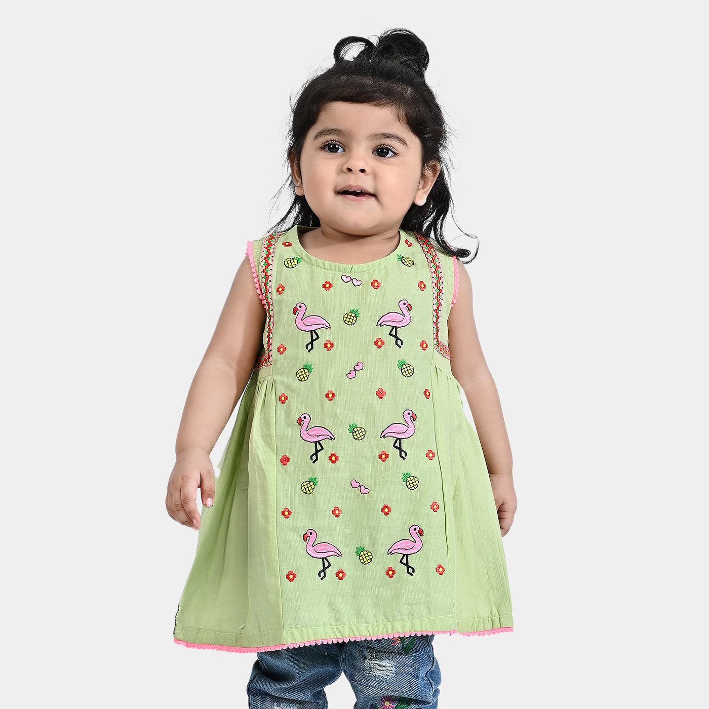 Infant Girls Cotton EMB Kurti Little Flamingos