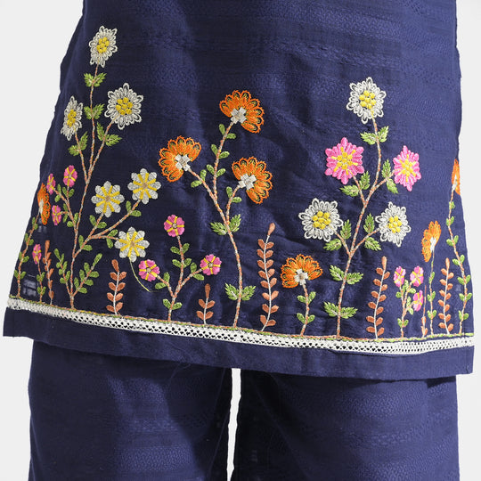 Girls Cotton Emb 2Pcs Garden-Navy Blue