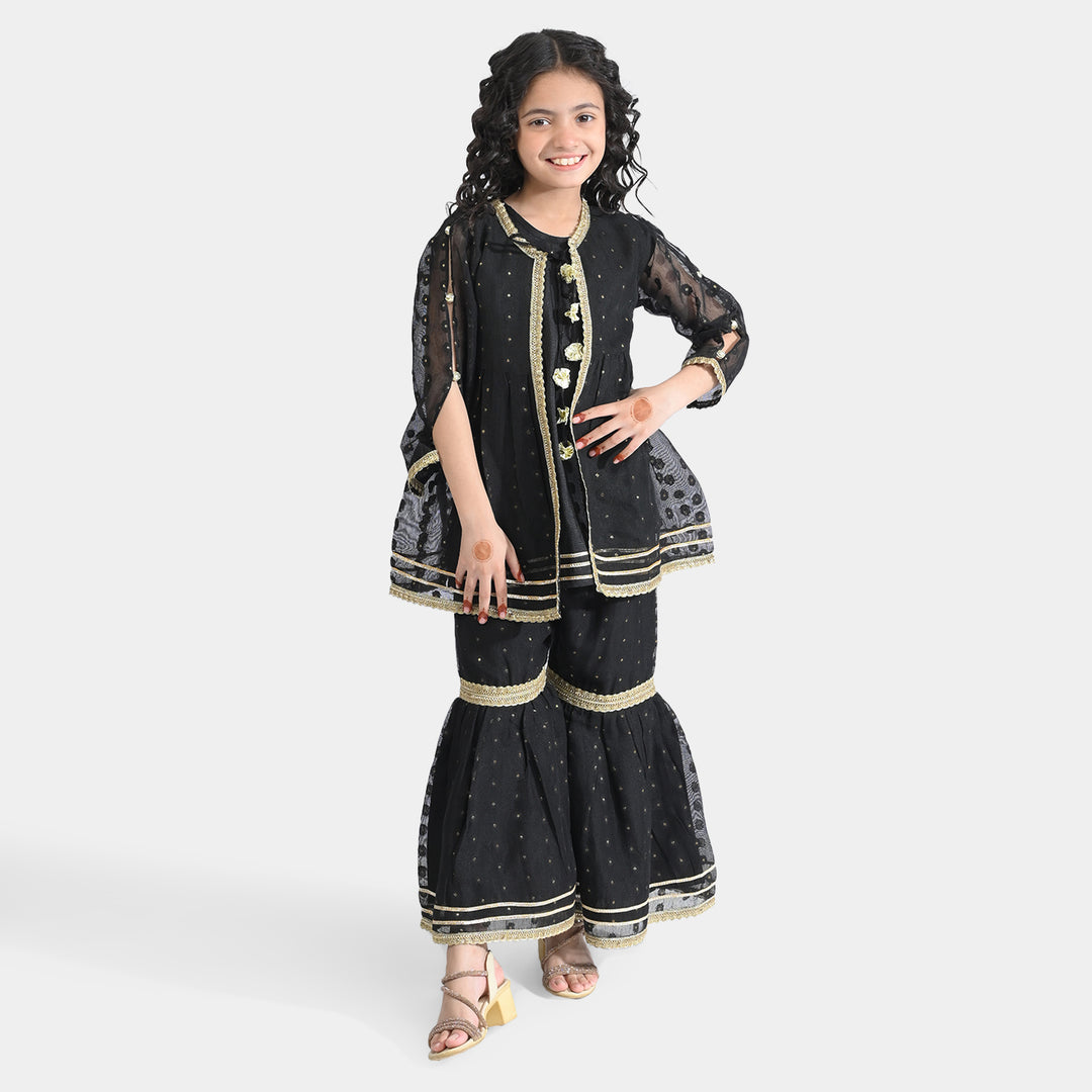 Girls Jacquard 3 Pcs Suit Manzil-BLACK