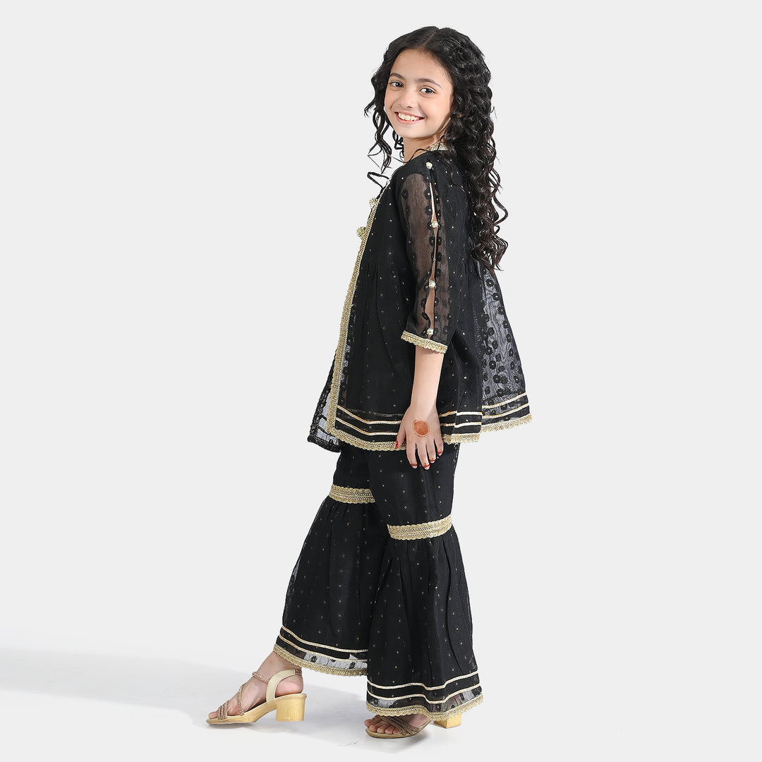 Girls Jacquard 3 Pcs Suit Manzil-BLACK