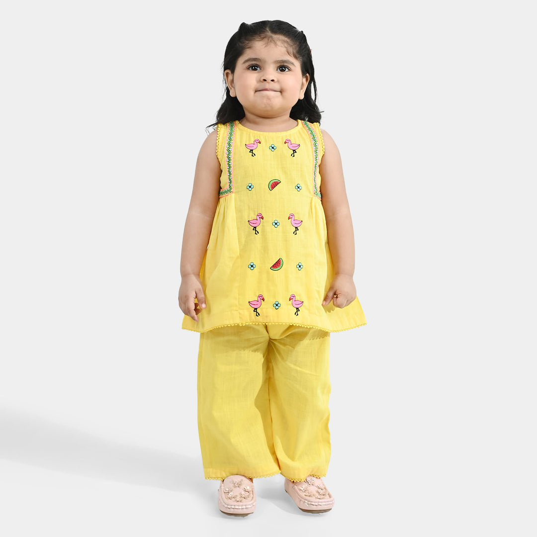 Infant Girls Cotton Slub Embroidered 2-Piece Set - Lemon Yellow