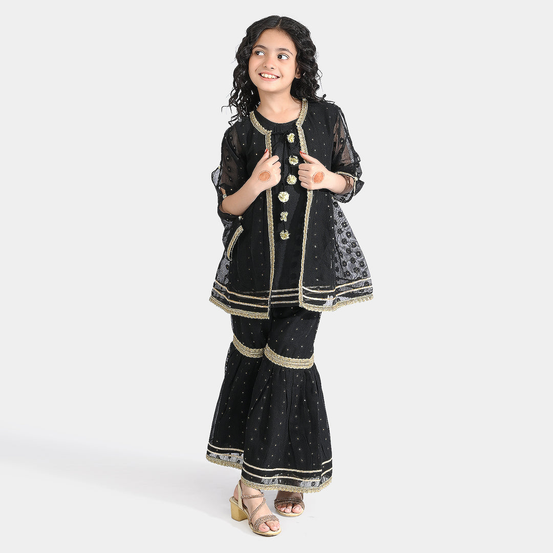 Girls Jacquard 3 Pcs Suit Manzil-BLACK