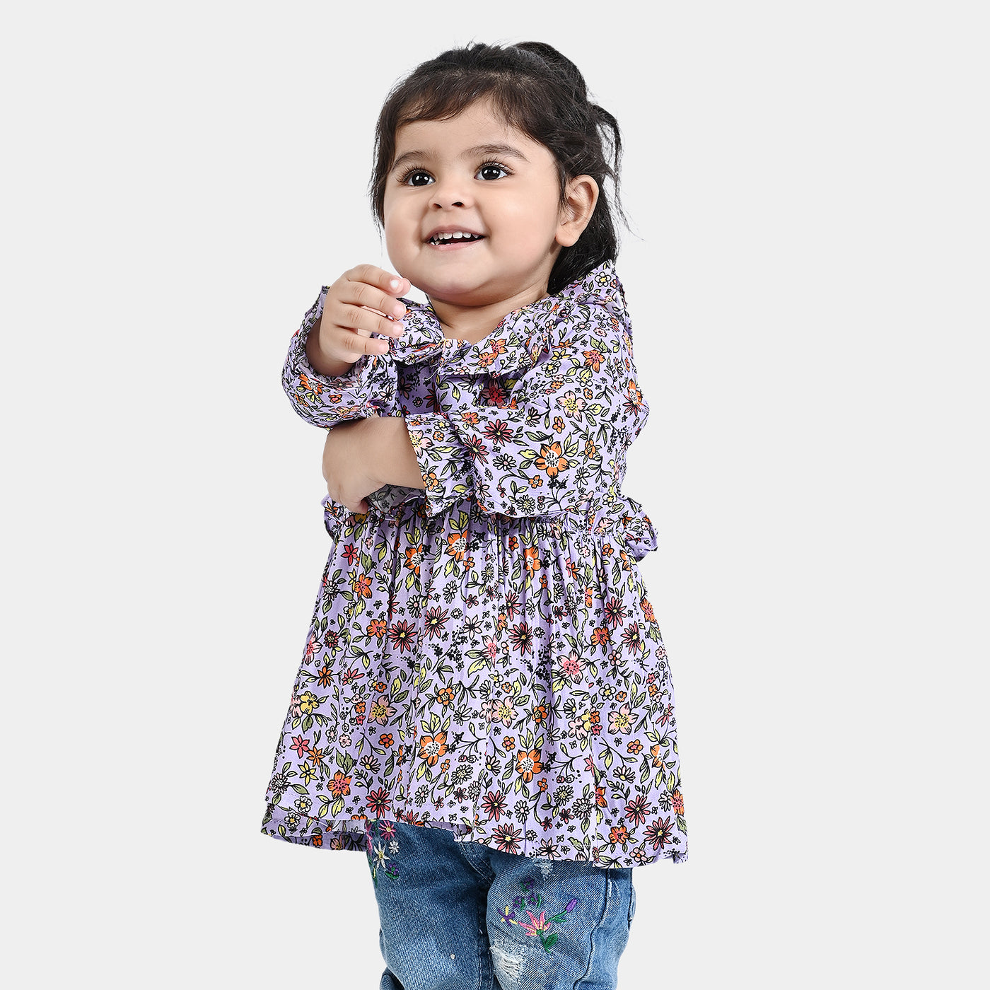 Infant Girls Viscose Casual Frock Fan Flowers-Multi