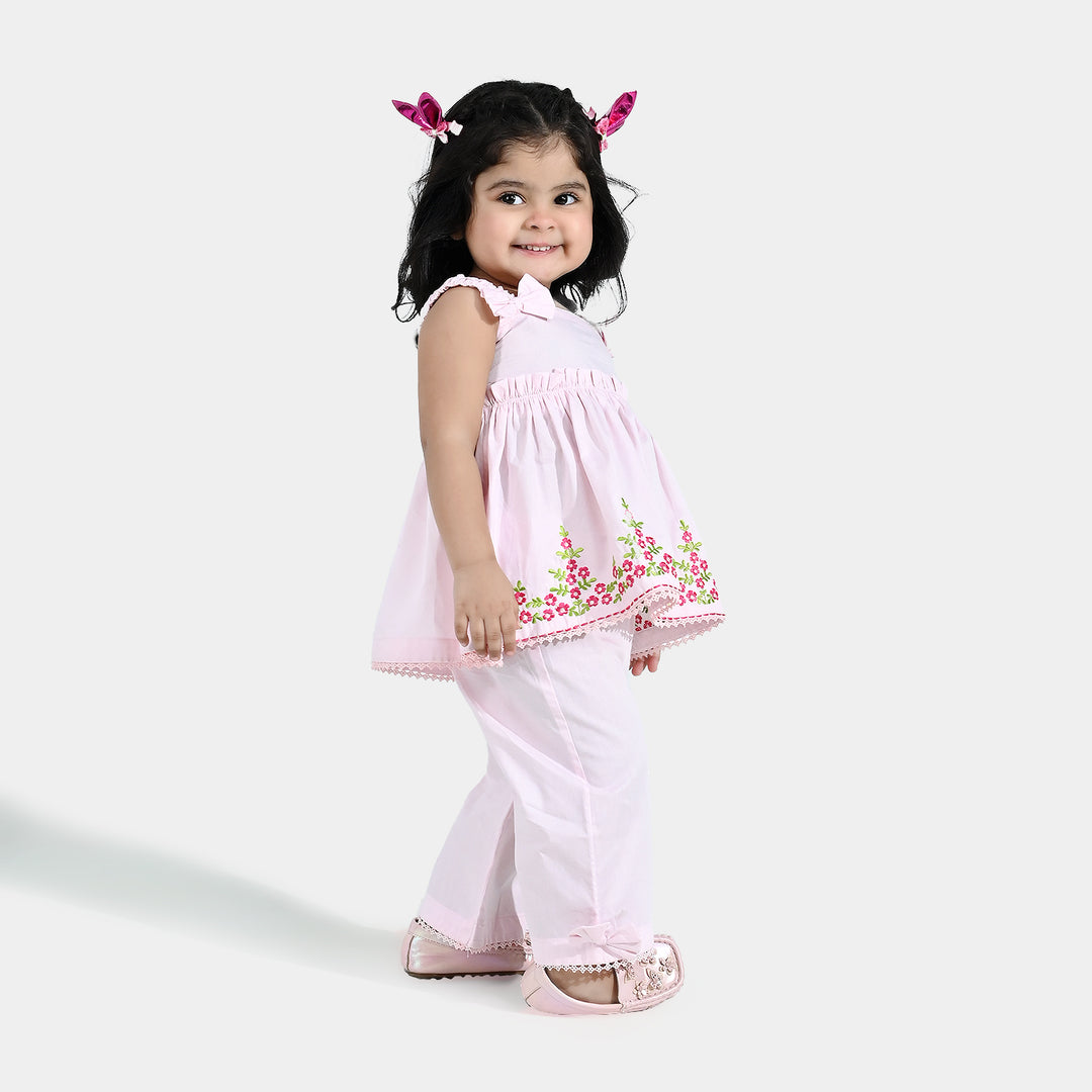 Infant Girls Cotton  Embroidered 2Pcs (Mehka Gul) - Baby Pink