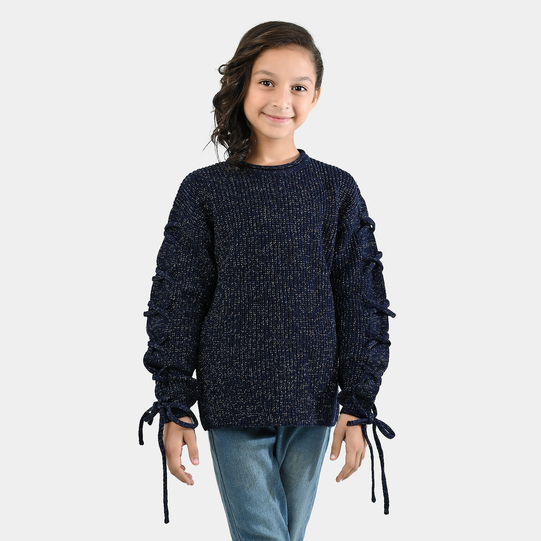 Girls Acrylic-Feather Lurex Sweater-NAVY