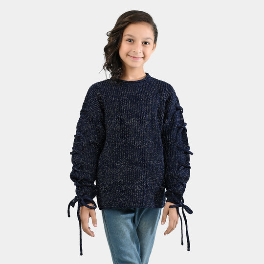 Girls Acrylic-Feather Lurex Sweater-NAVY