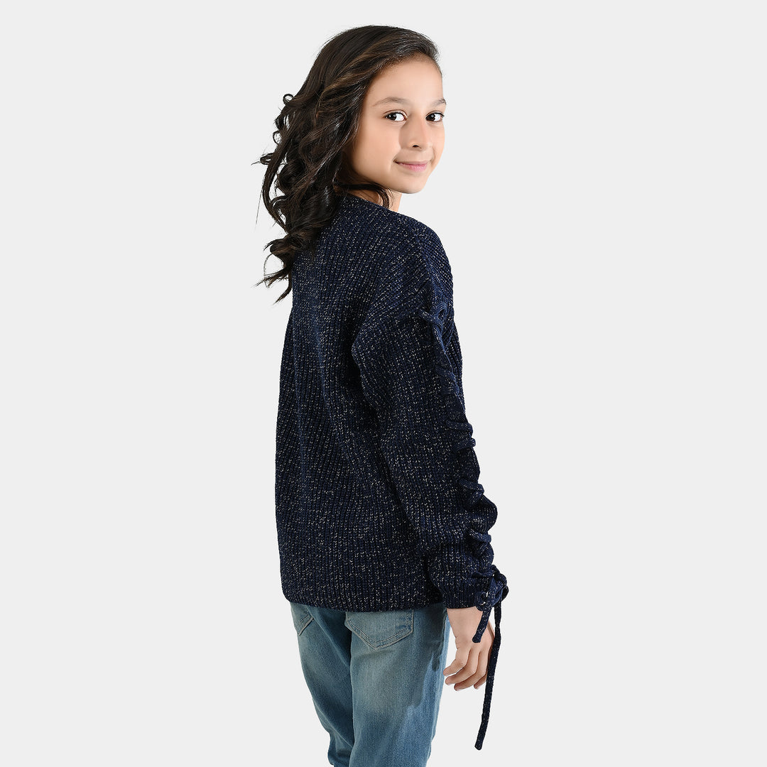 Girls Acrylic-Feather Lurex Sweater-NAVY
