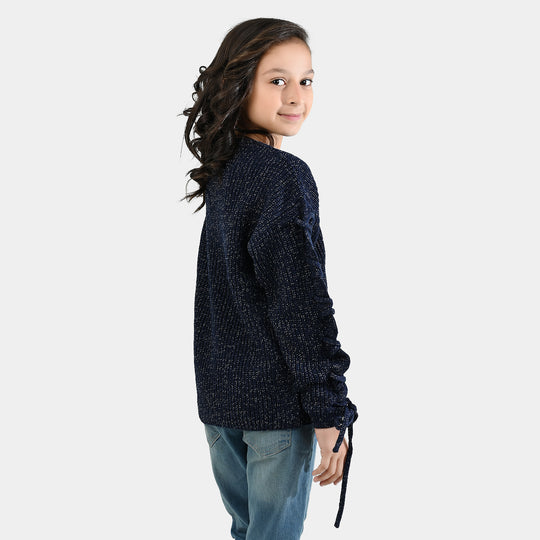 Girls Acrylic-Feather Lurex Sweater-NAVY