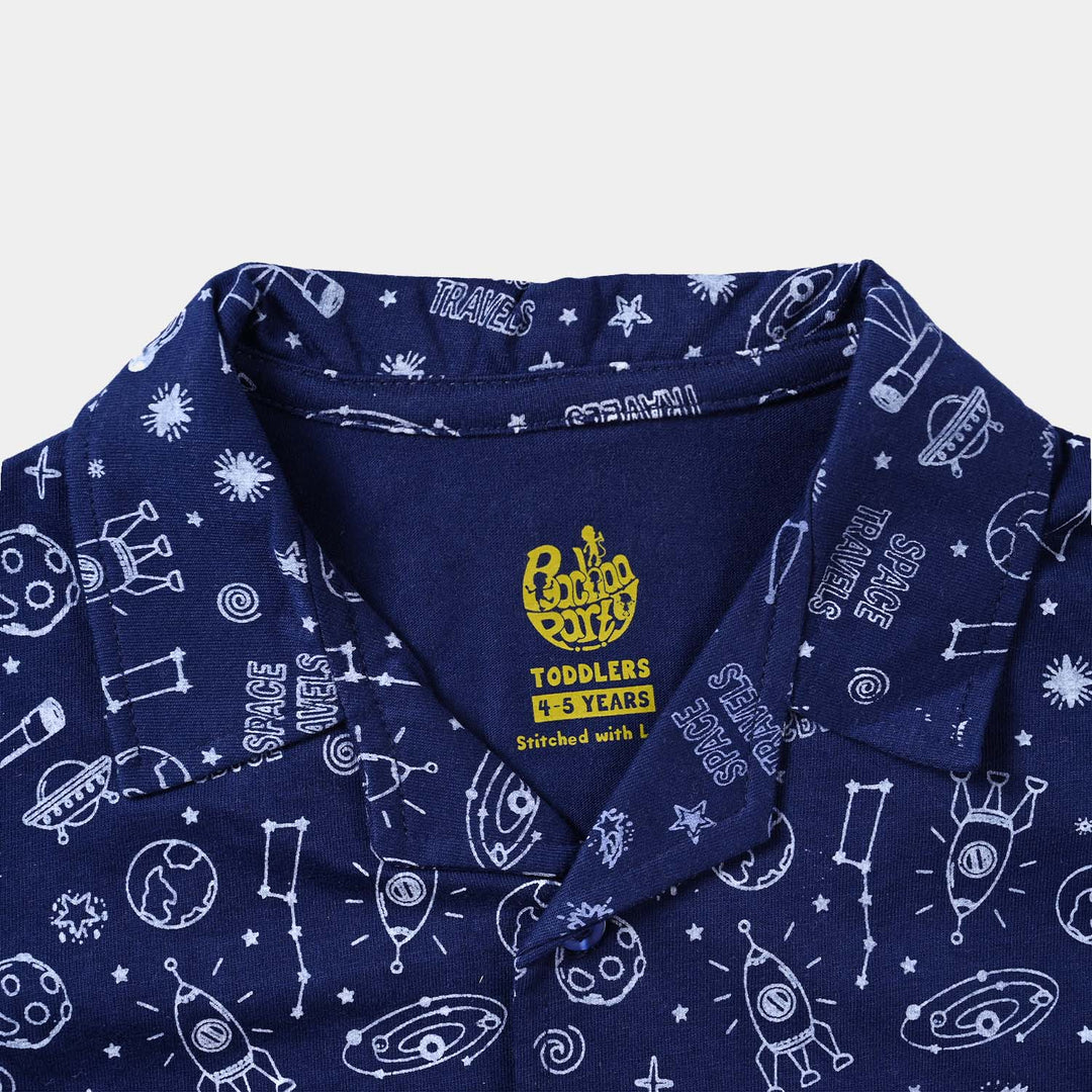 Boys Poly Cotton Jersey Knitted NightWear Space Travels-Navy Peony