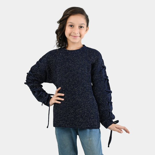 Girls Acrylic-Feather Lurex Sweater-NAVY