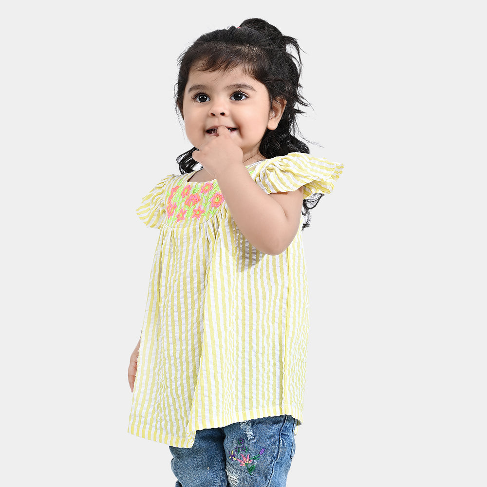 Infant Girls Poly Cotton Casual Frock Caroyan Stripe-Yellow