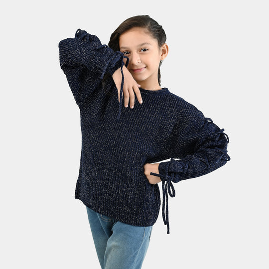 Girls Acrylic-Feather Lurex Sweater-NAVY