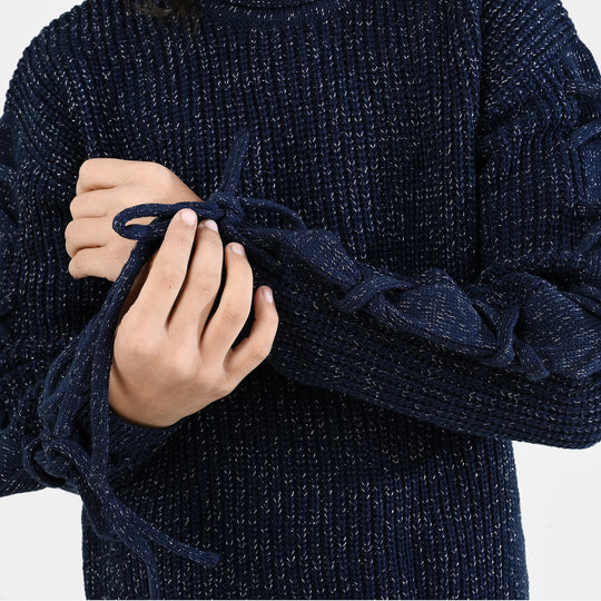 Girls Acrylic-Feather Lurex Sweater-NAVY