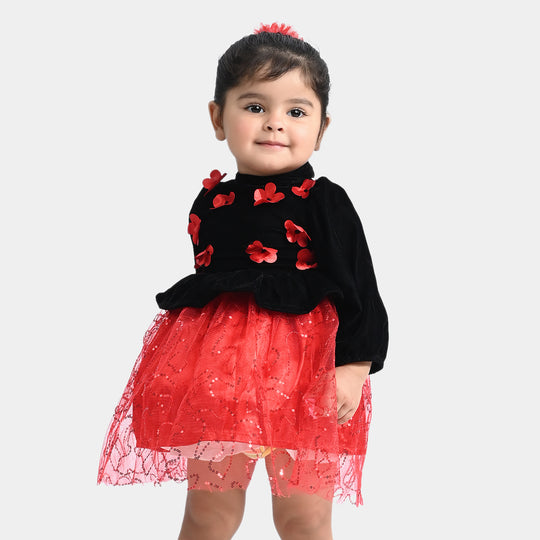 Infant Girls Velvet & Net Fancy Frock Sequence-B.Red