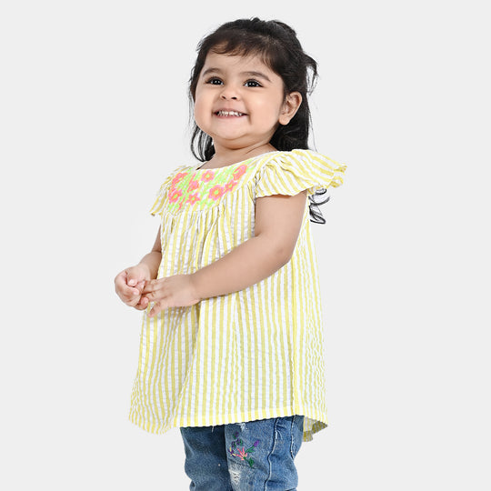 Infant Girls Poly Cotton Casual Frock Caroyan Stripe-Yellow