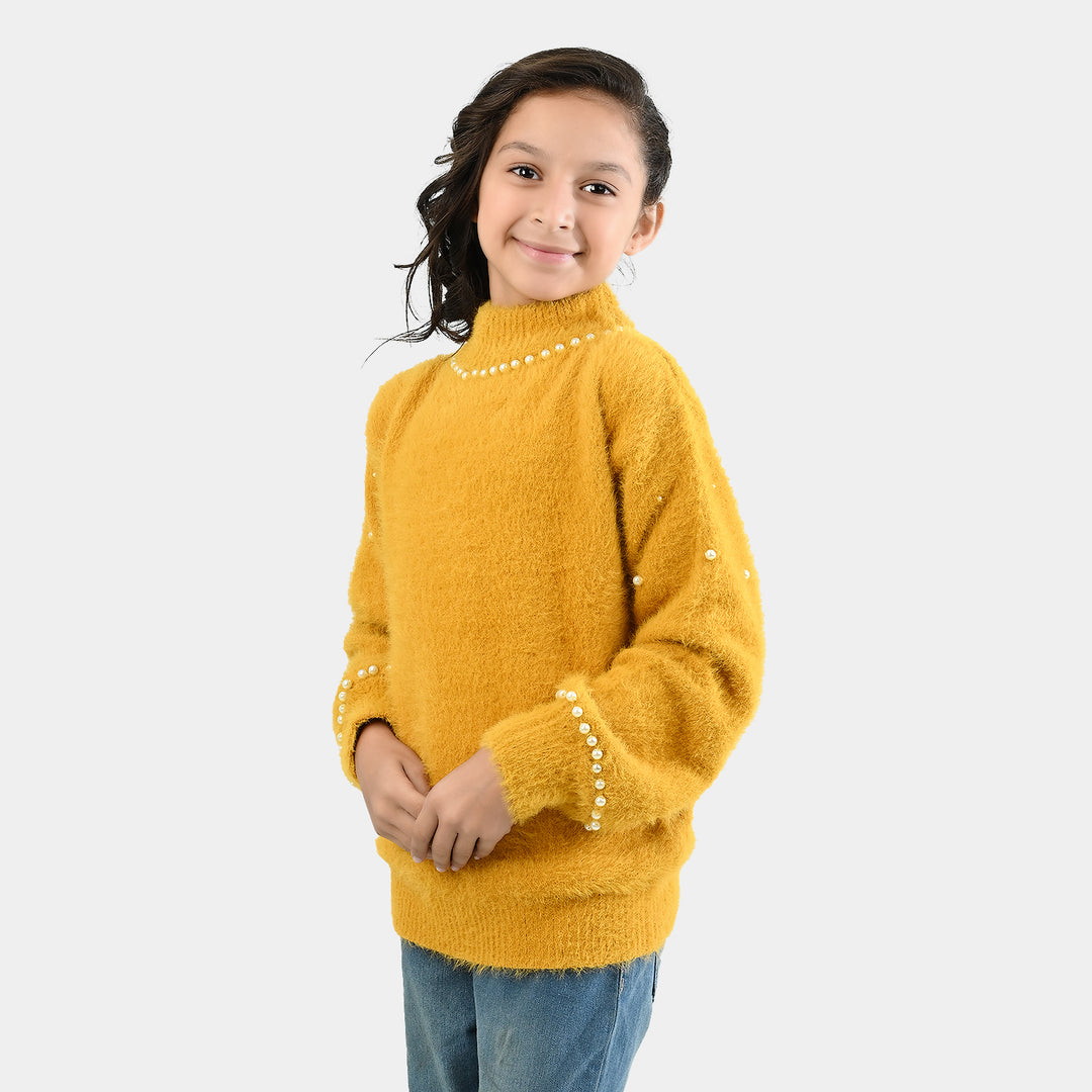 Girls VPN-Acrylic Sweater-Mock Neck Pearls-Lt.Mustard