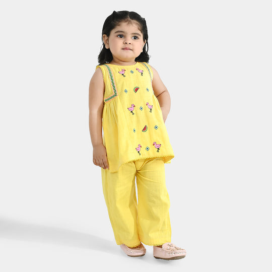 Infant Girls Cotton Slub Embroidered 2-Piece Set - Lemon Yellow