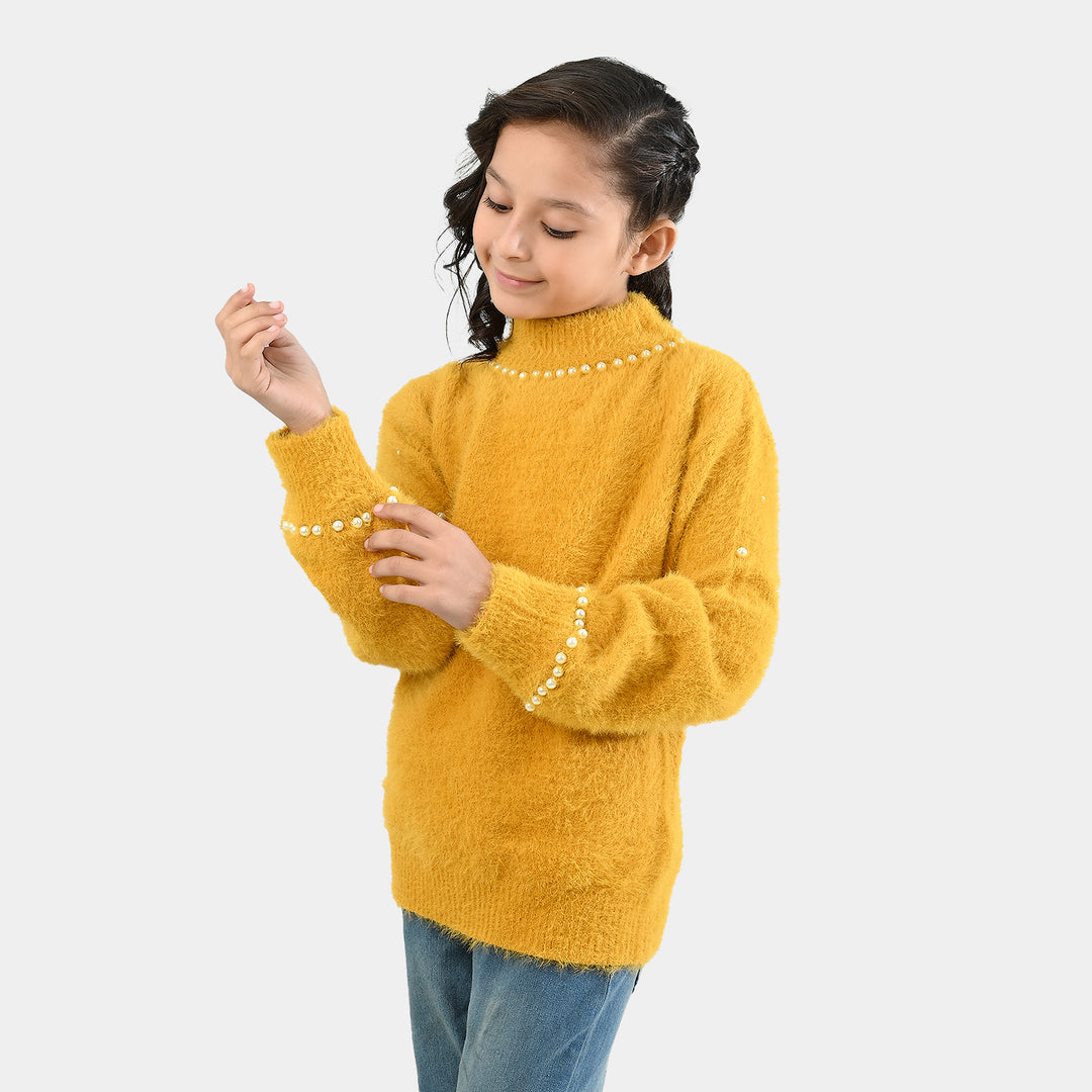 Girls VPN-Acrylic Sweater-Mock Neck Pearls-Lt.Mustard