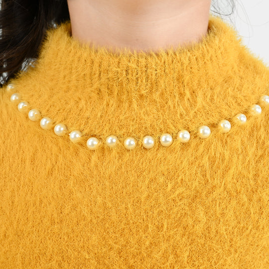 Girls VPN-Acrylic Sweater-Mock Neck Pearls-Lt.Mustard