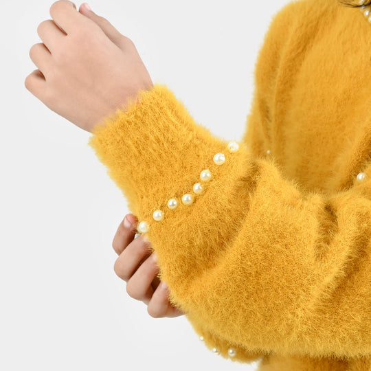 Girls VPN-Acrylic Sweater-Mock Neck Pearls-Lt.Mustard