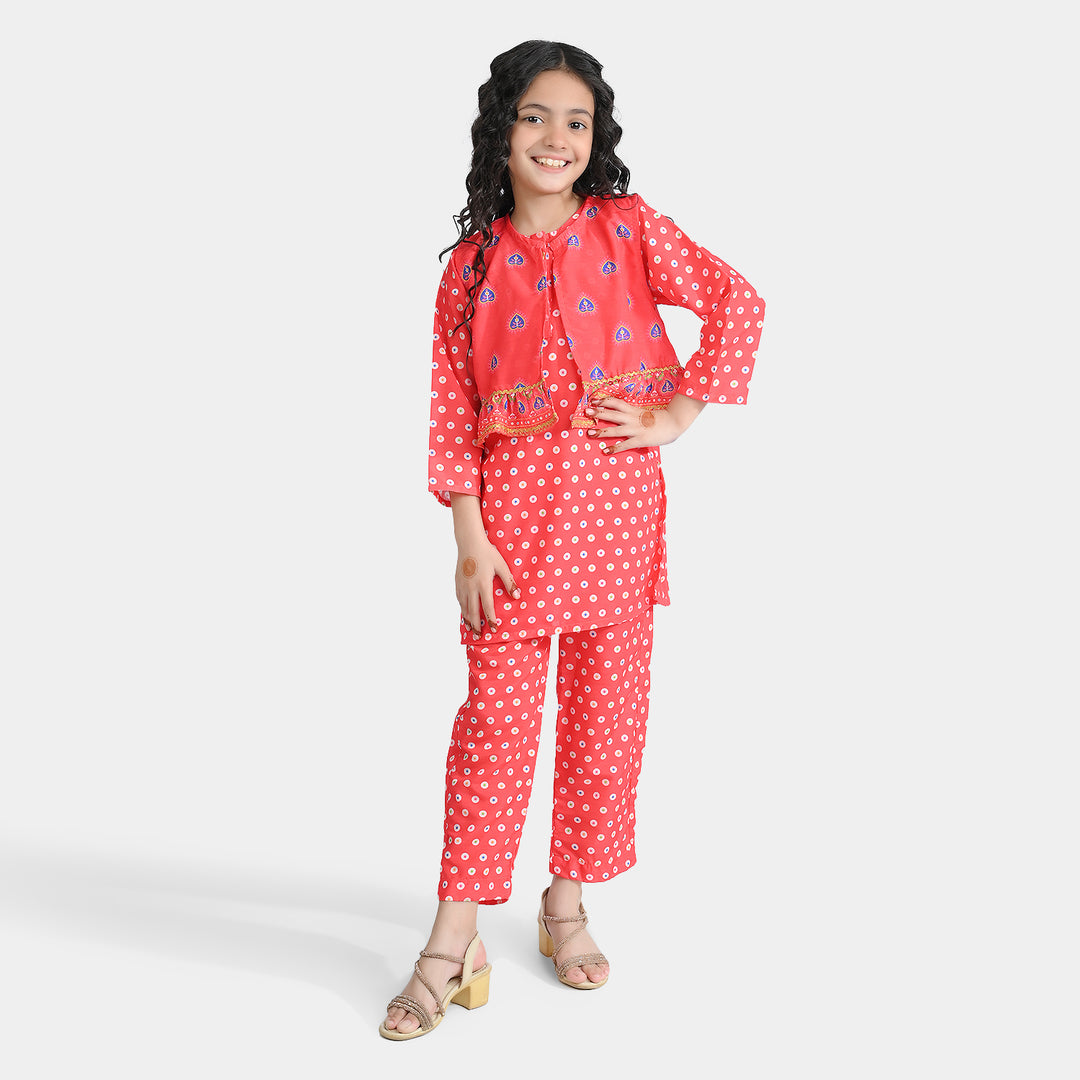 Girls poly cambric Printed 3Pcs Chamak Dhamak-Red