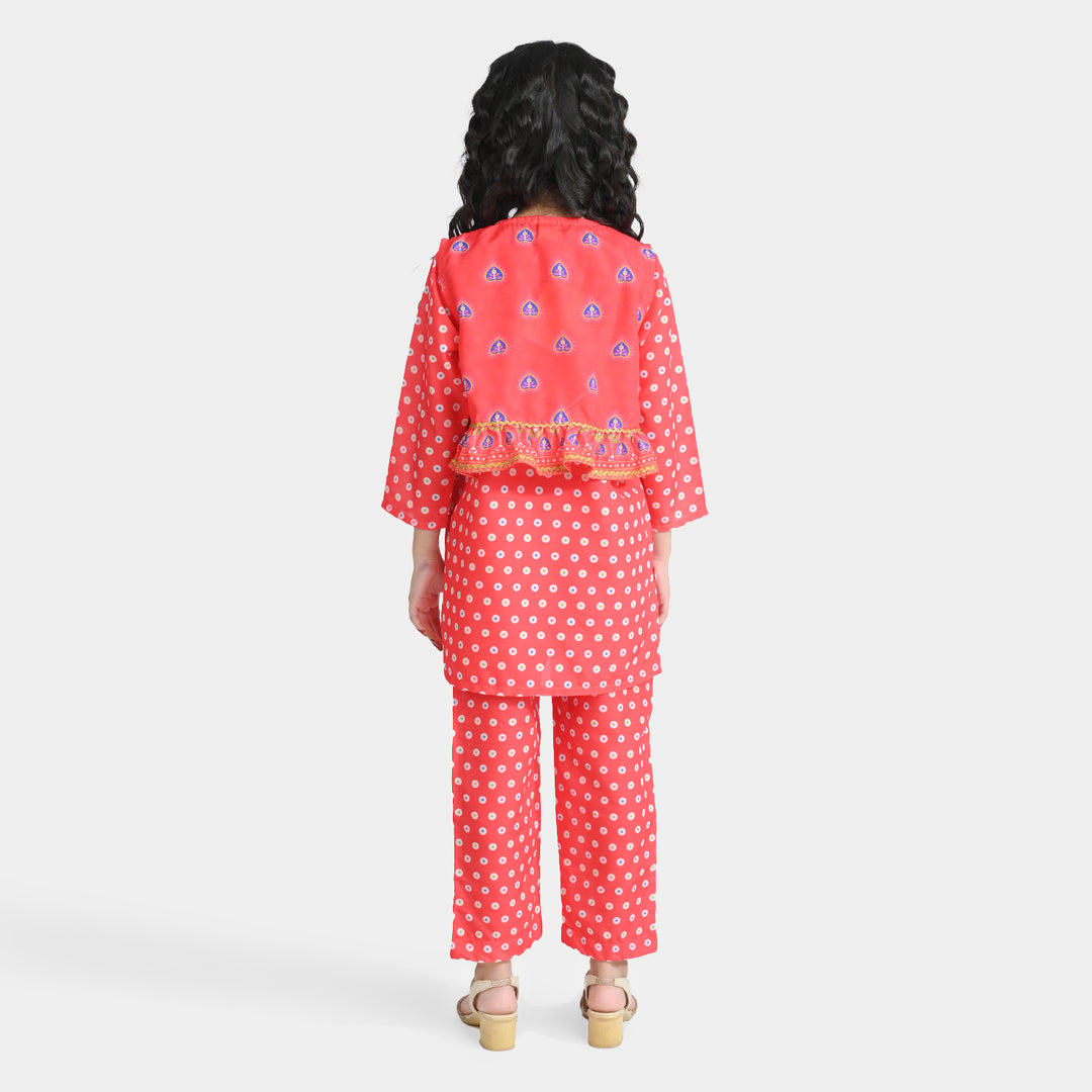 Girls poly cambric Printed 3Pcs Chamak Dhamak-Red