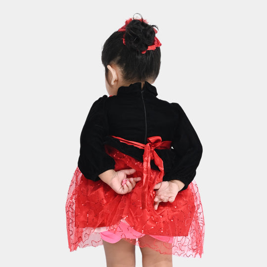 Infant Girls Velvet & Net Fancy Frock Sequence-B.Red