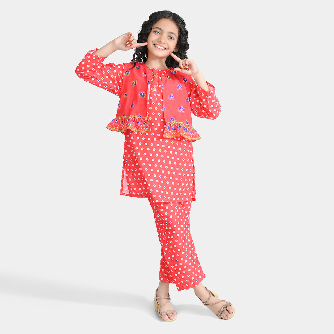 Girls poly cambric Printed 3Pcs Chamak Dhamak-Red