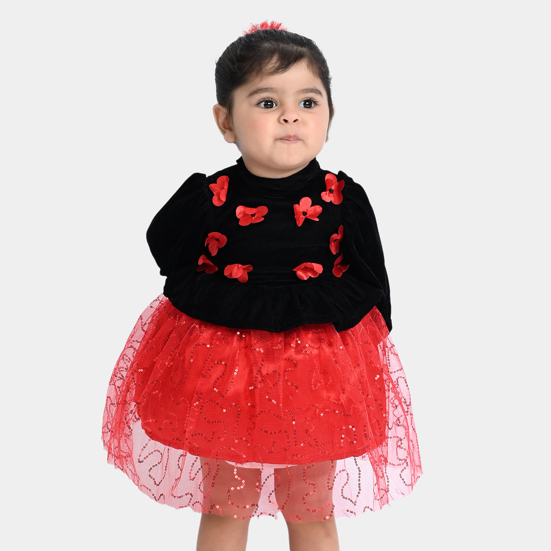 Infant Girls Velvet & Net Fancy Frock Sequence-B.Red