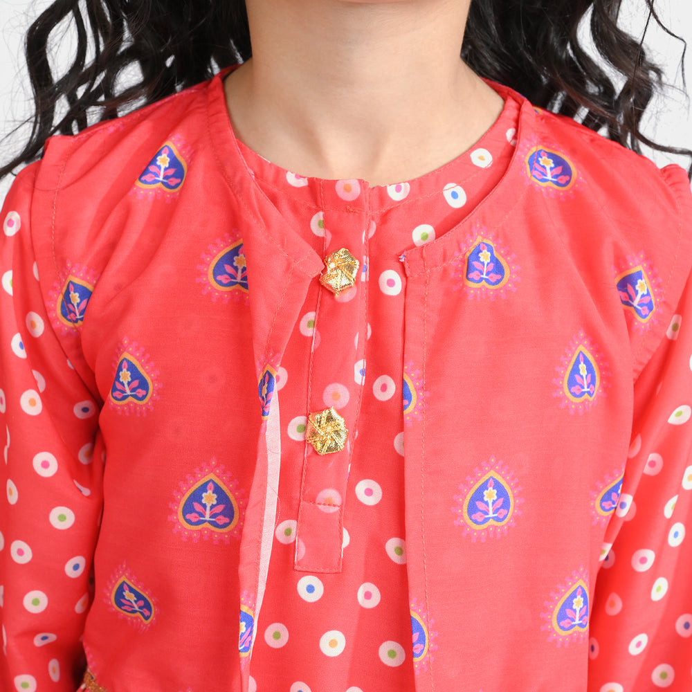 Girls poly cambric Printed 3Pcs Chamak Dhamak-Red