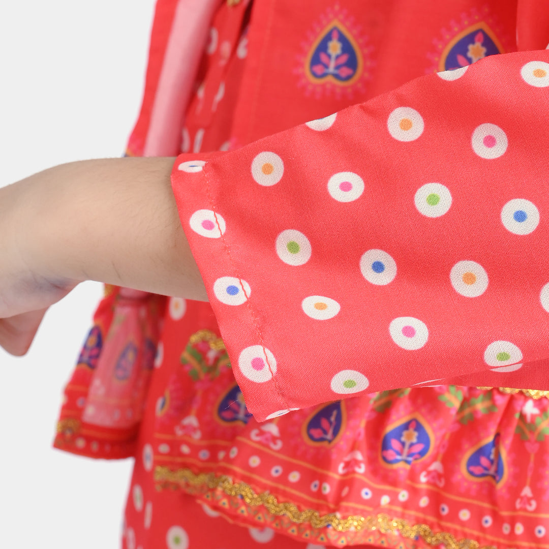 Girls poly cambric Printed 3Pcs Chamak Dhamak-Red