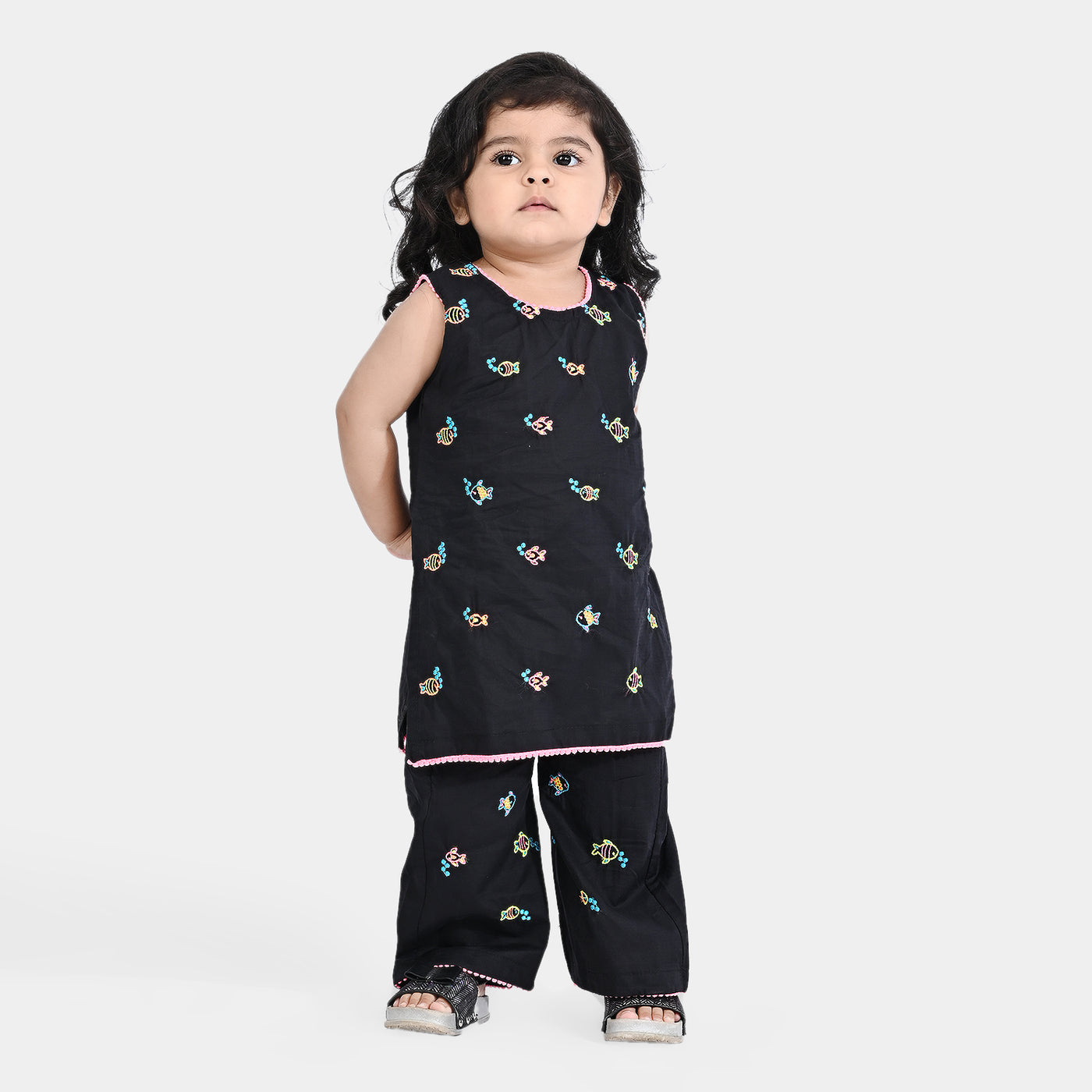 Infant Girls Cotton Slub EMB 2PC Suit Little Fishes-BLACK