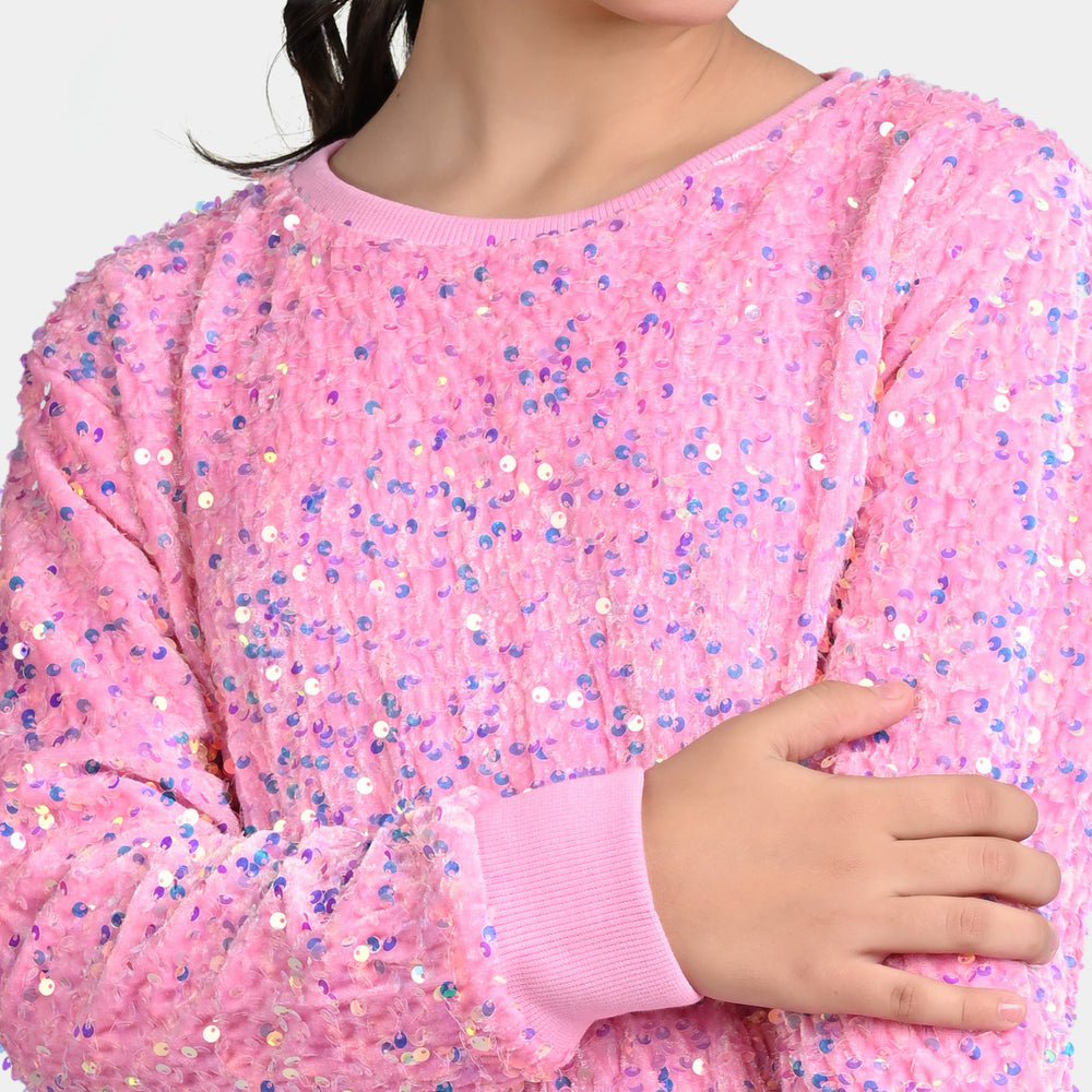 Girls Velvet Sweatshirt Sequins Round-Pink