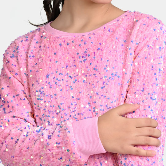 Girls Velvet Sweatshirt Sequins Round-Pink