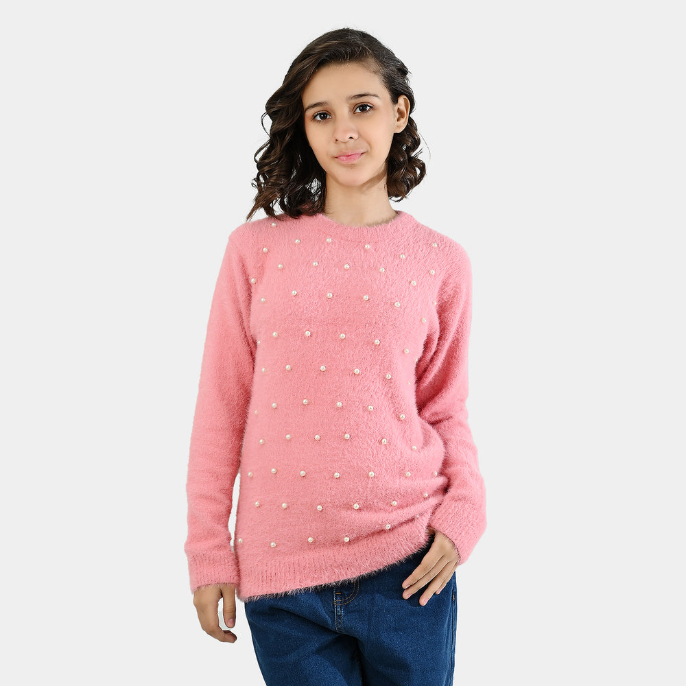 Teens Girls Acrylic Sweater Pearls-Pink