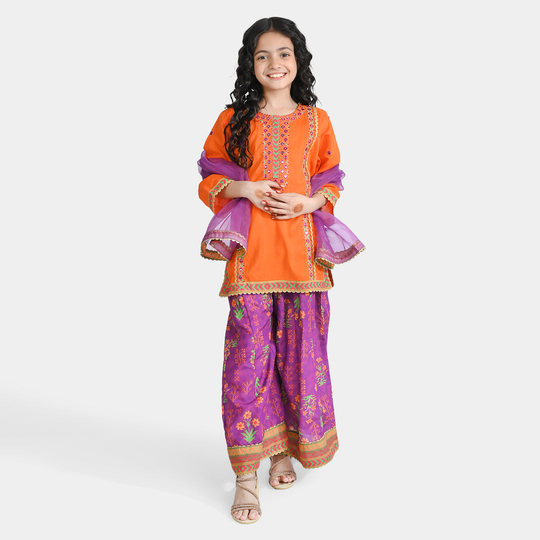 Girls poly cambric Fancy 3 Pcs Bano-ORANGE