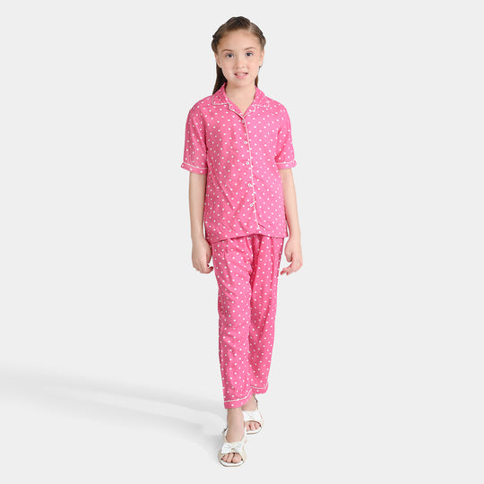 Girls Viscose Nightwear Suit Polka-Pink