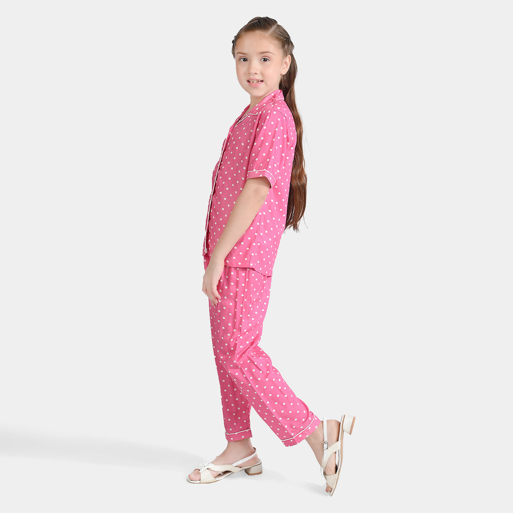 Girls Viscose Nightwear Suit Polka-Pink