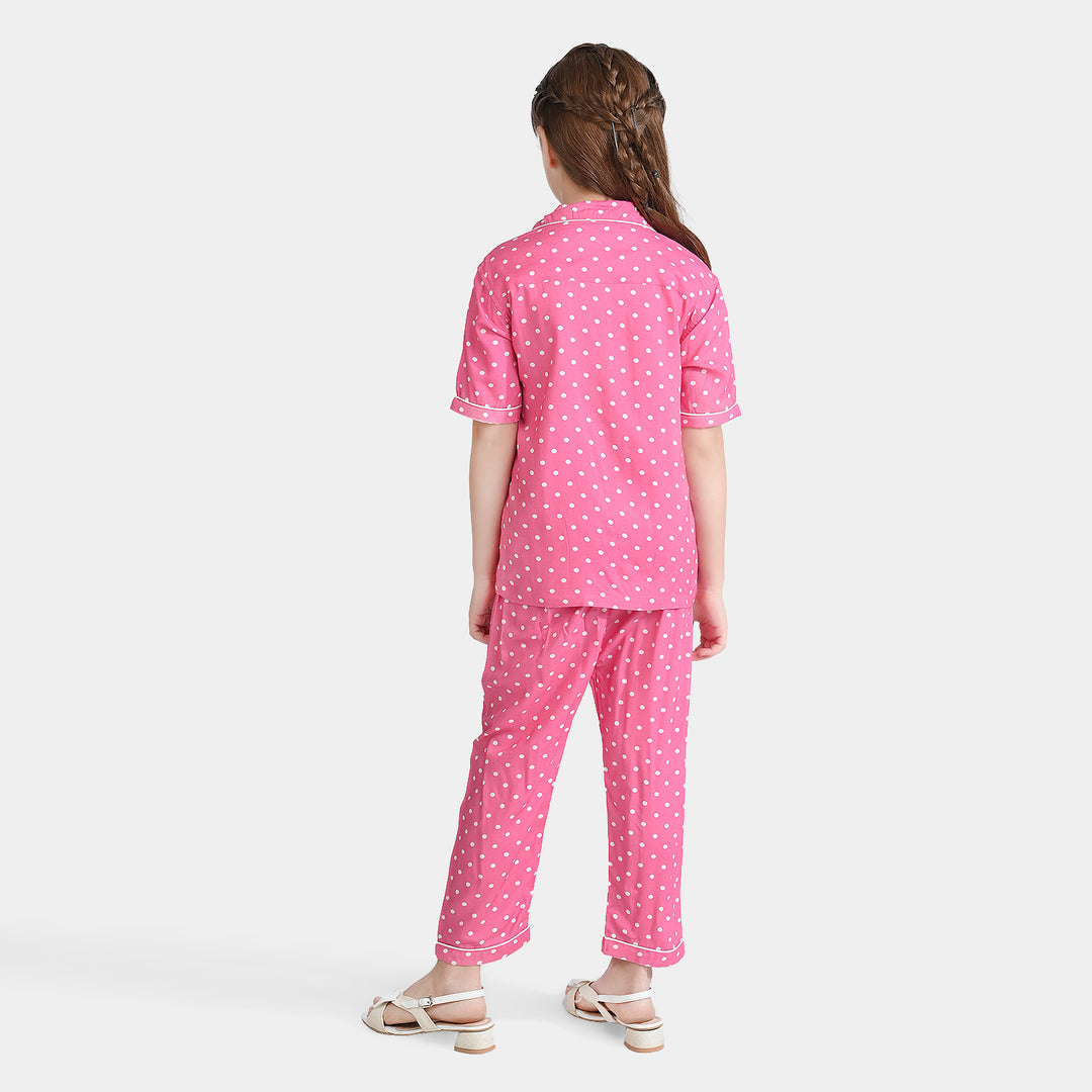 Girls Viscose Nightwear Suit Polka-Pink