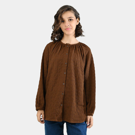 Teens Girls Poly Viscose Casual Top Crinkle-BROWN
