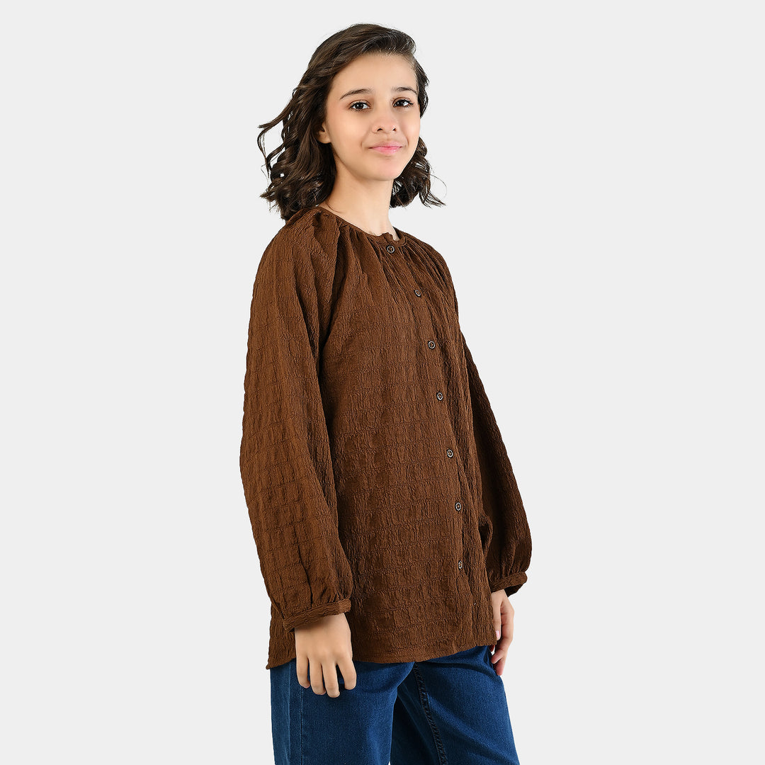 Teens Girls Poly Viscose Casual Top Crinkle-BROWN