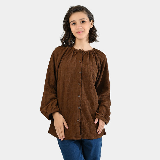 Teens Girls Poly Viscose Casual Top Crinkle-BROWN