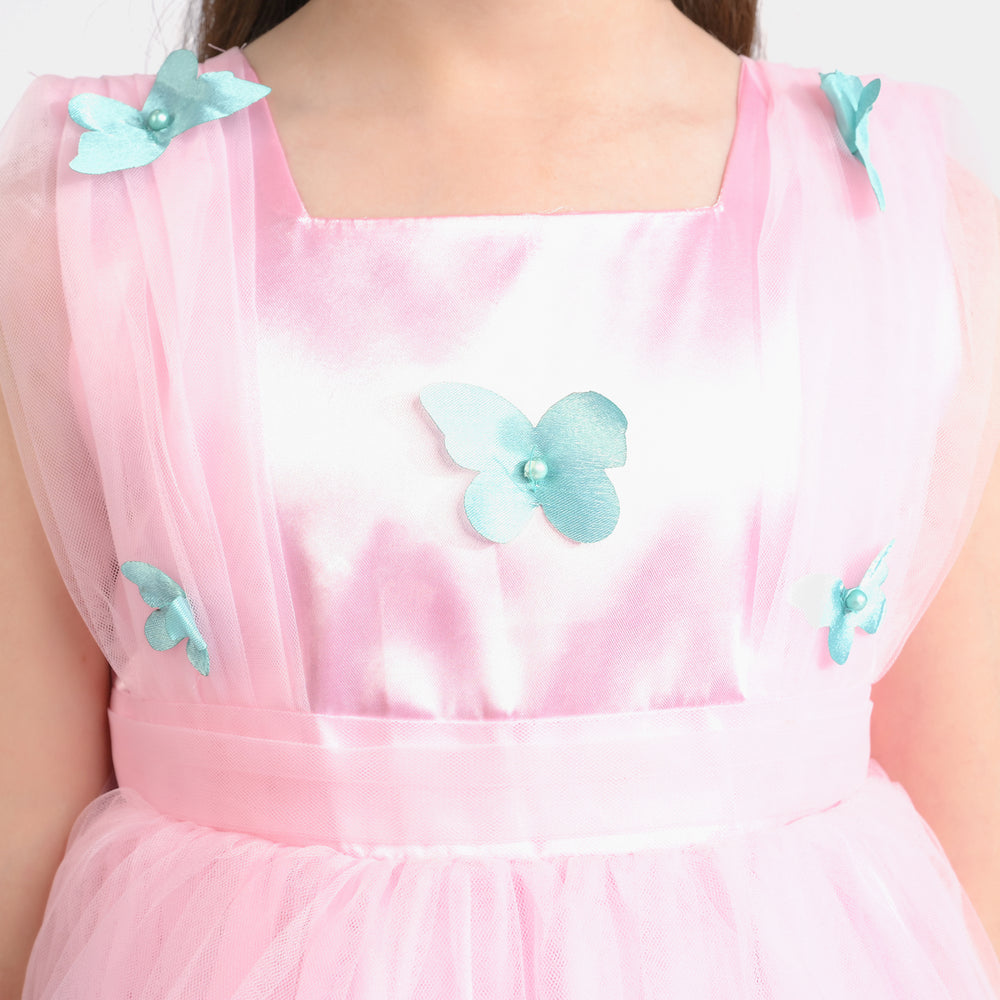 Girls Net Fancy Frock 3D Butterfly-Pink