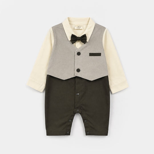 Infant Boys Cotton Interlock Woven Romper 320 - 020- Off White.Green