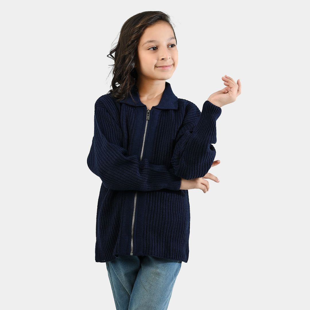 Girls Acrylic Sweater-Zipper-Teal.Blue