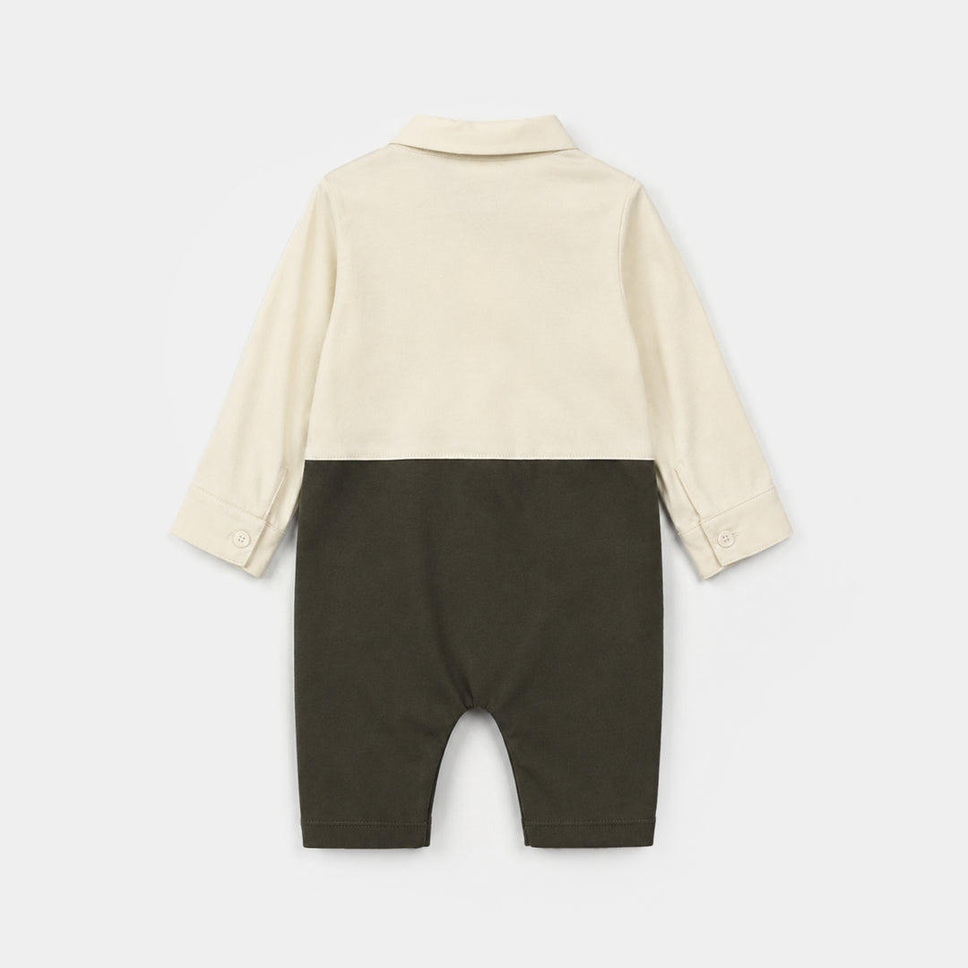 Infant Boys Cotton Interlock Woven Romper 320 - 020- Off White.Green